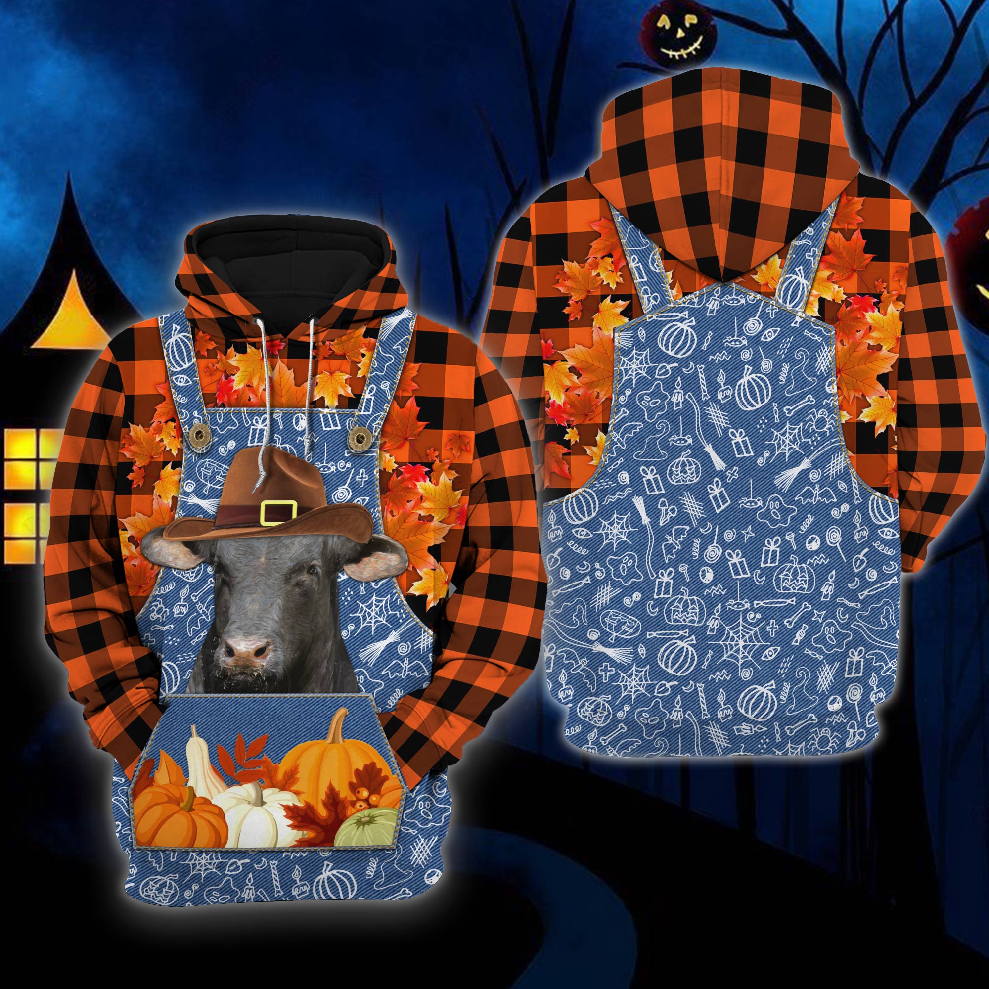 3D All Over Printed Hoodie For Halloween Brangus Orange Plaid All Printed Hoodies