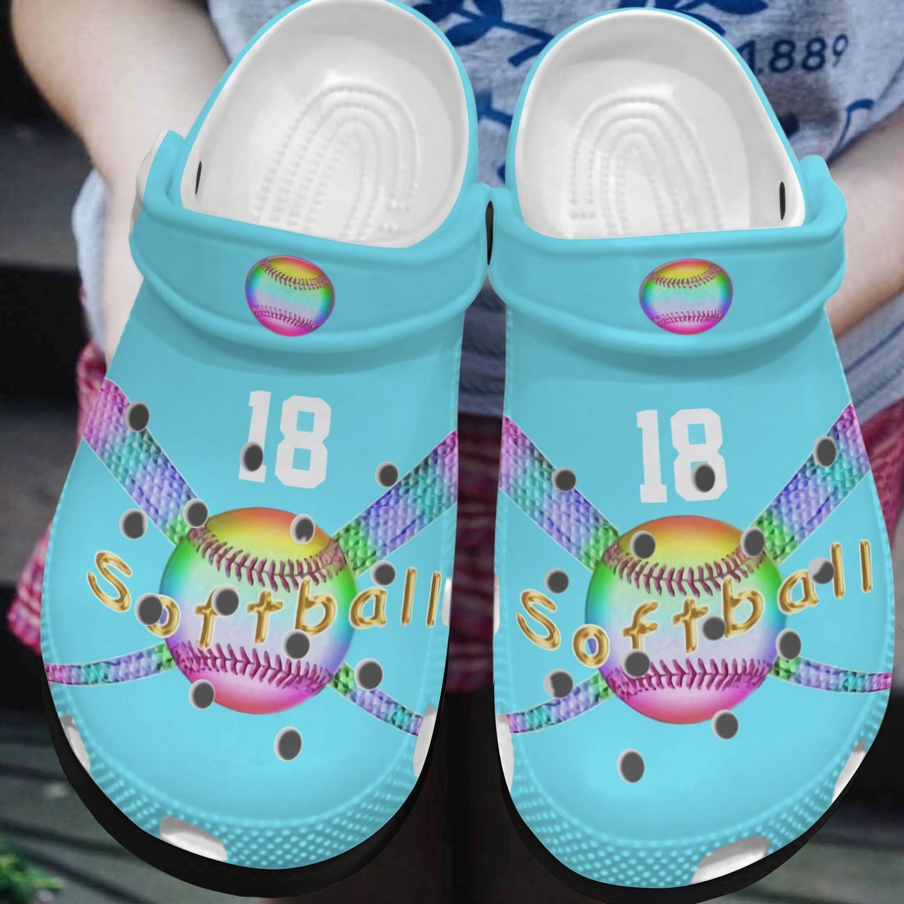 Softball Personalized Clog, Custom Name, Text, Color, Number Fashion Style For Women, Men, Kid, Print 3D Light Blue Softball