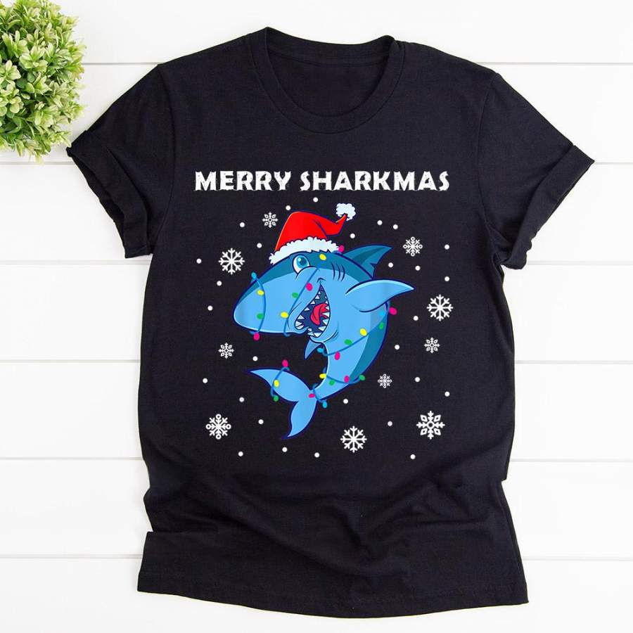 Shark santa claus merry sharkmas santa christmas sharks lover gift kids boys black cotton t shirt for men and women S-6XL