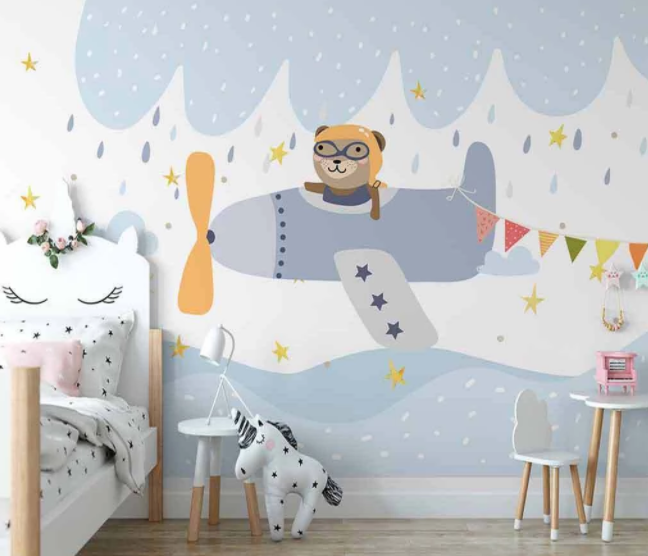 3D Cartoon Airplane Bear Animal Cloud Wall Mural Wallpaper Lxl