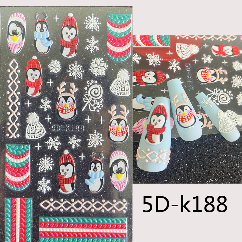 5D Christmas Embossed Nail Stickers White Snowflakes Sliders for Nails Cute Cartoon Bear Gloves Sweater Design Decals Nail Art alx