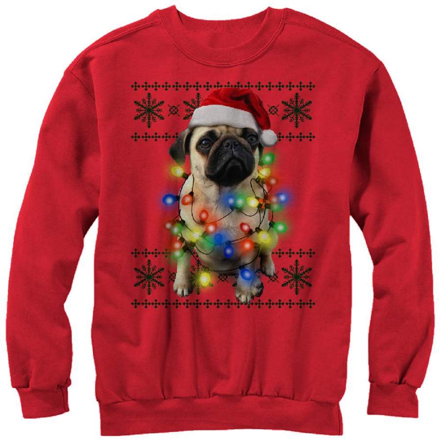 Lost Gods Men’s Ugly Christmas Pug Lights  Sweatshirt Red