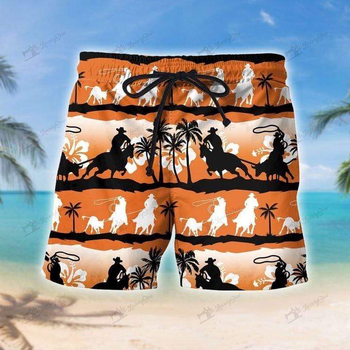 Awesome Team Roping In The Sunset Orange Palm Tree Pattern Unisex Hawaiian Shirts – Beach Shorts