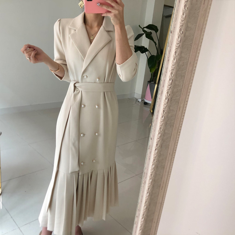 [EWQ] Women Elegant Blelted Slim Pleated Mermaid Dresses Robe Runway Autumn Korean New Fashion Chic Office Lady Long Dress alx