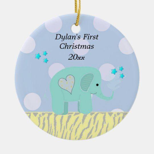 Personalized Ornament Blue Elephant Baby’S First Christmas Customized Ceramic Circle Ornament 1 – 2 Sided