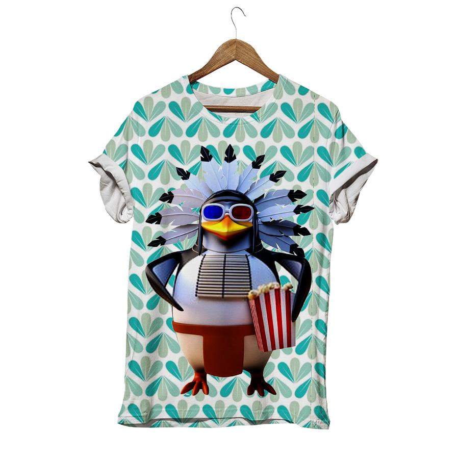 Native American Indian Chief Penguin Eats Popcorn While Watching A 3d Movie T-shirt