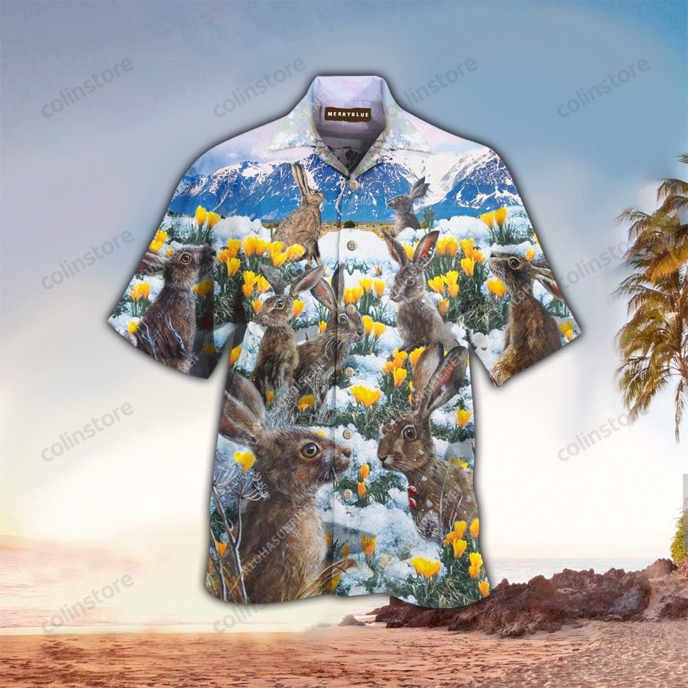 Rabbits In The Snow Unisex Hawaiian Shirt, Hawaii Shirt Men, Aloha Shirt