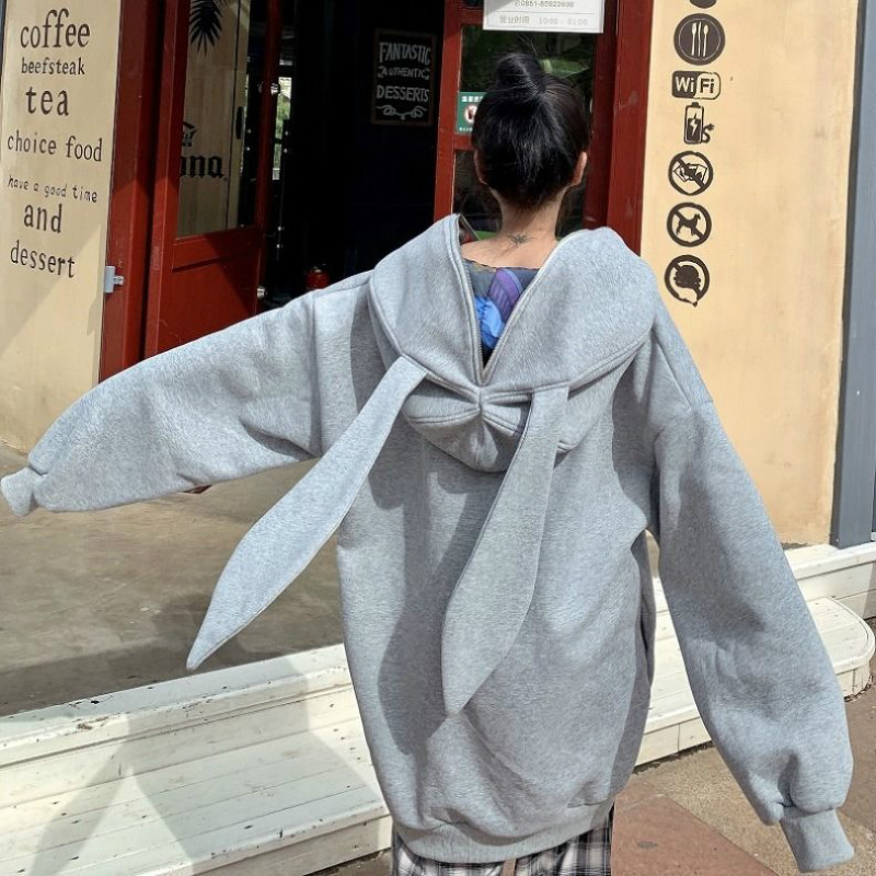 College Style Kawaii Bunny Ears Hoodie Women Fashion Top Coat Winter Warm Oversized Loose Thick Zip Up Sweatshirt Cute Clothes alx