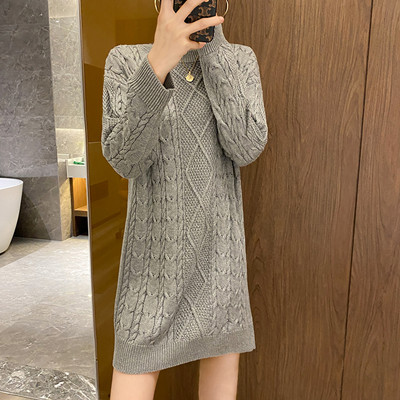 Autumn and winter new style pure cotton knitted sweater round neck pullover mid-length solid color loose casual women’s dress alx