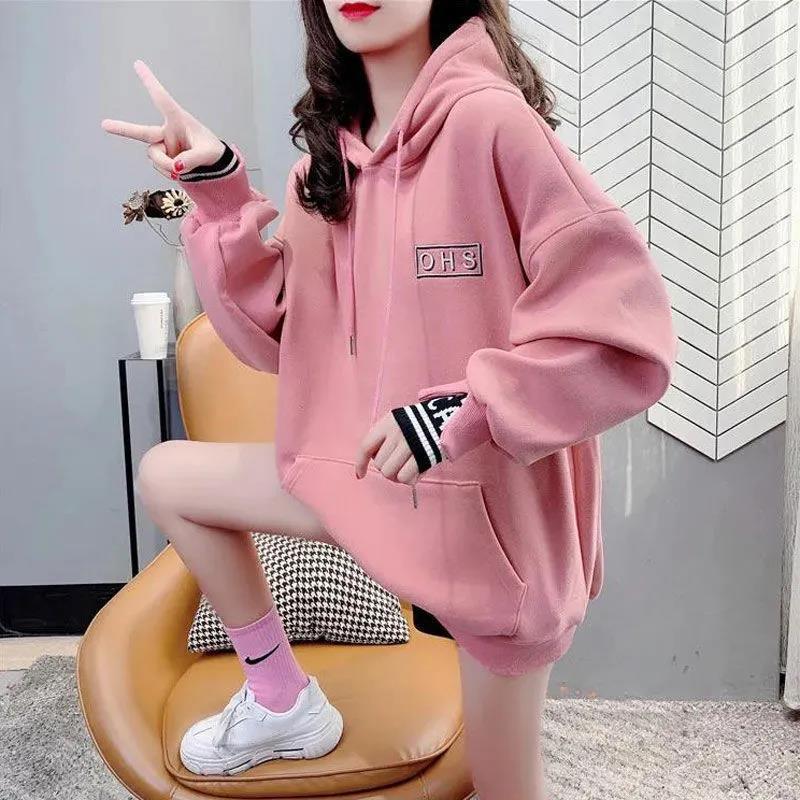 Aesthetic Korean Fashion Hoodie Clothes Sweatshirt Cute Hoodies for Women Loose Pink Casual Hooded Tops Female Streetwear Plain alx