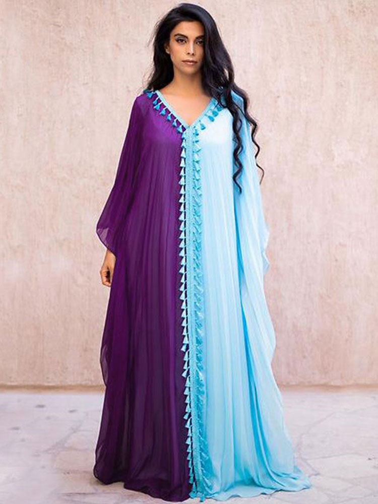 Solid Patchwork Kaftan Tunic Beach Dress Middle East Muslim 2022 Summer Plus Size Women Tassel Maxi Dress Robe Caftan A1168 alx