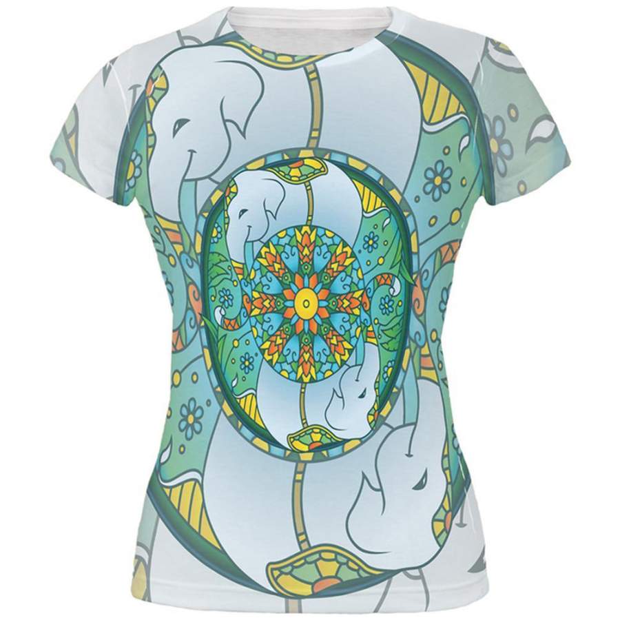 Mandala Trippy Stained Glass Elephant All Over Juniors T Shirt