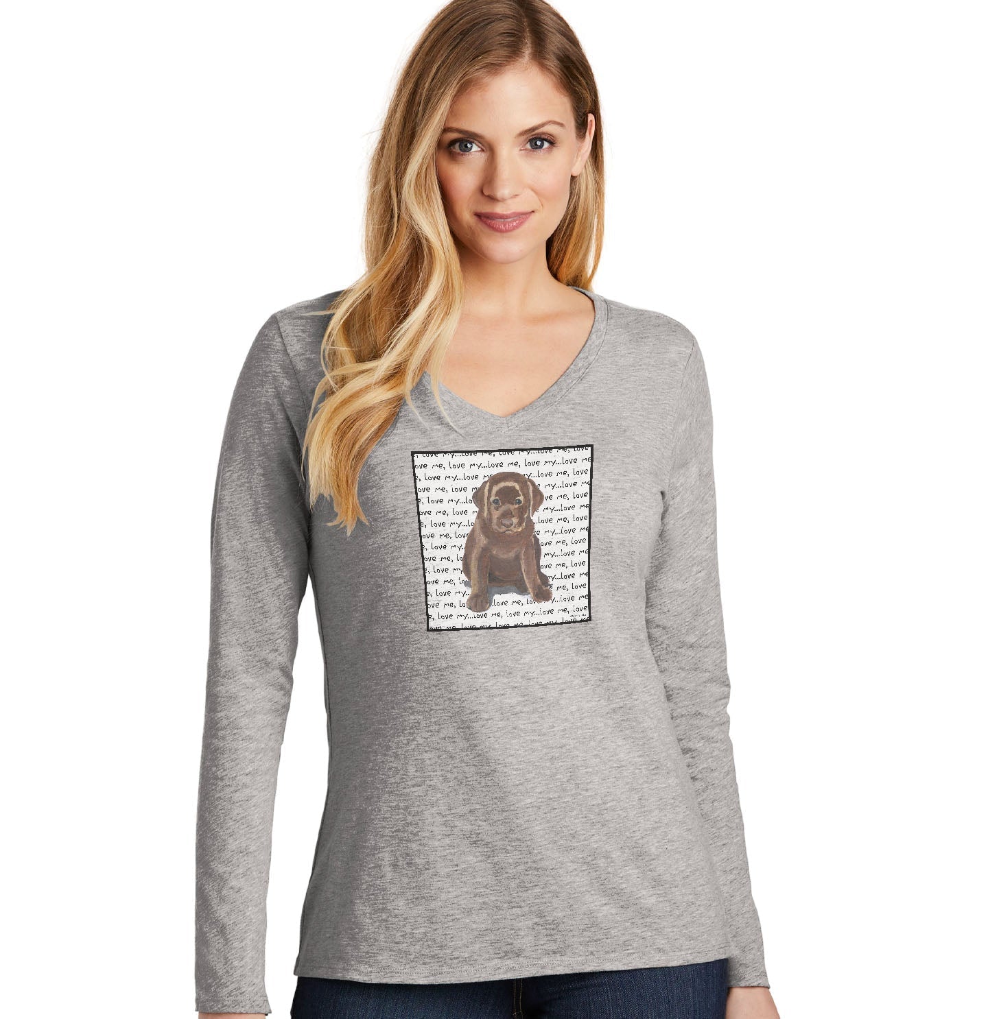 Chocolate Lab Puppy Love Text – Women’S V-Neck Long Sleeve T-Shirt