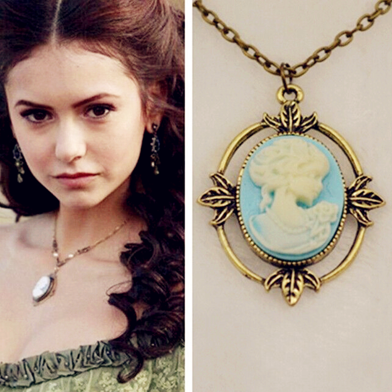 Vampire Diaries Necklace Katherine Pierce Cameo Beauty Head Pendant Necklace Movie Jewelry Vintage Bronze Rhinestone Necklaces alx