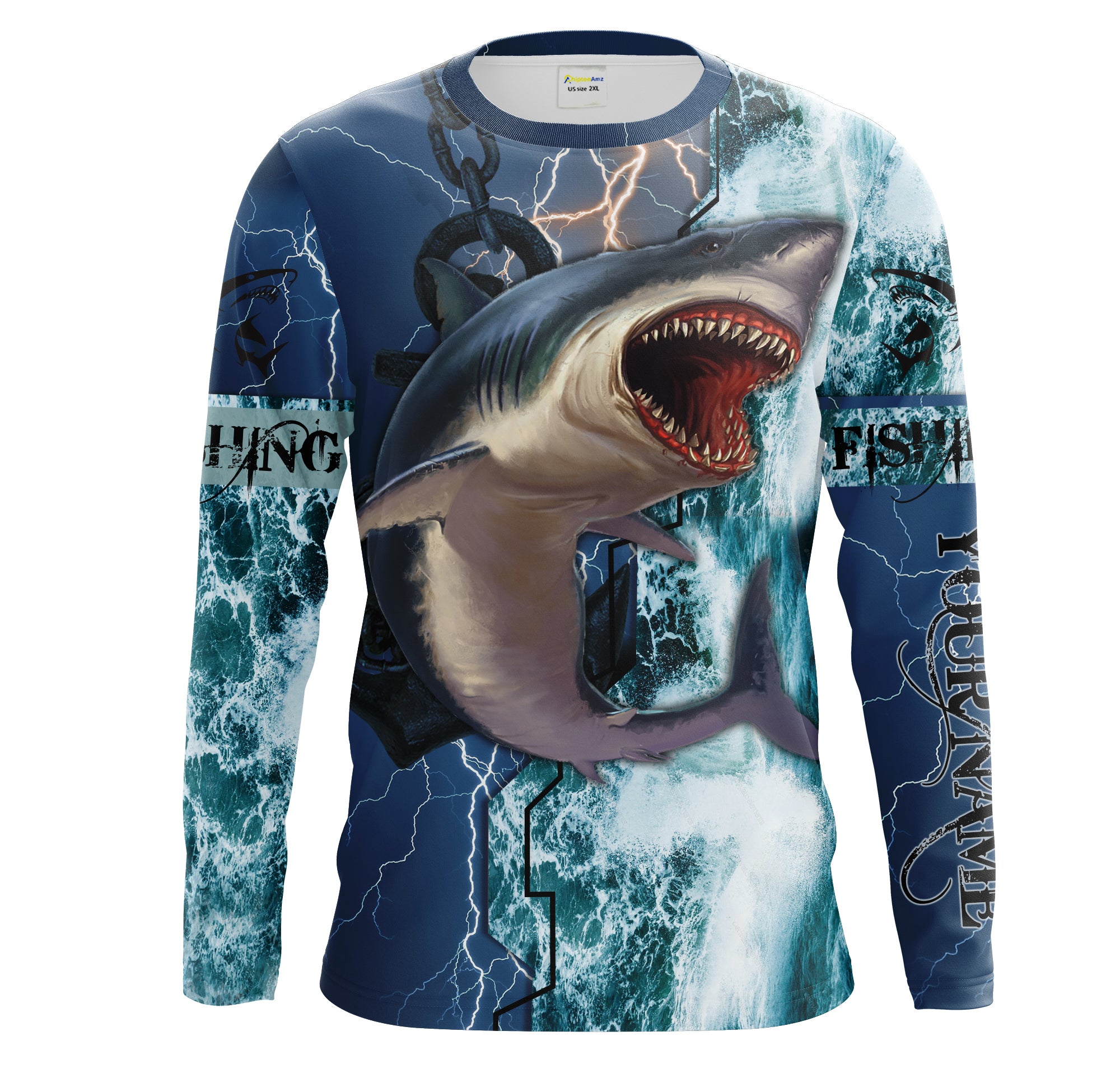 Shark Fishing Ocean Blue Camo Fishing Customize Name Uv Protection Upf 30+ Long Sleeves Fishing Shirts Nqs2020