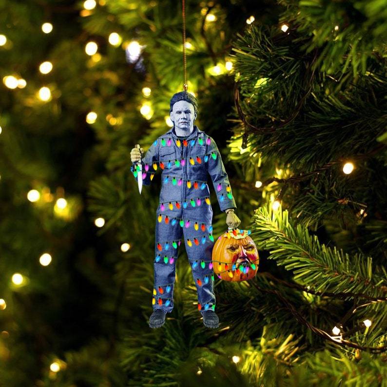 Michael Myers Horror Characters Led Light With Pumpkin, Horror Movies Character 2D Ornament, Christmas Tree Hanging 2D Ornament Decoration