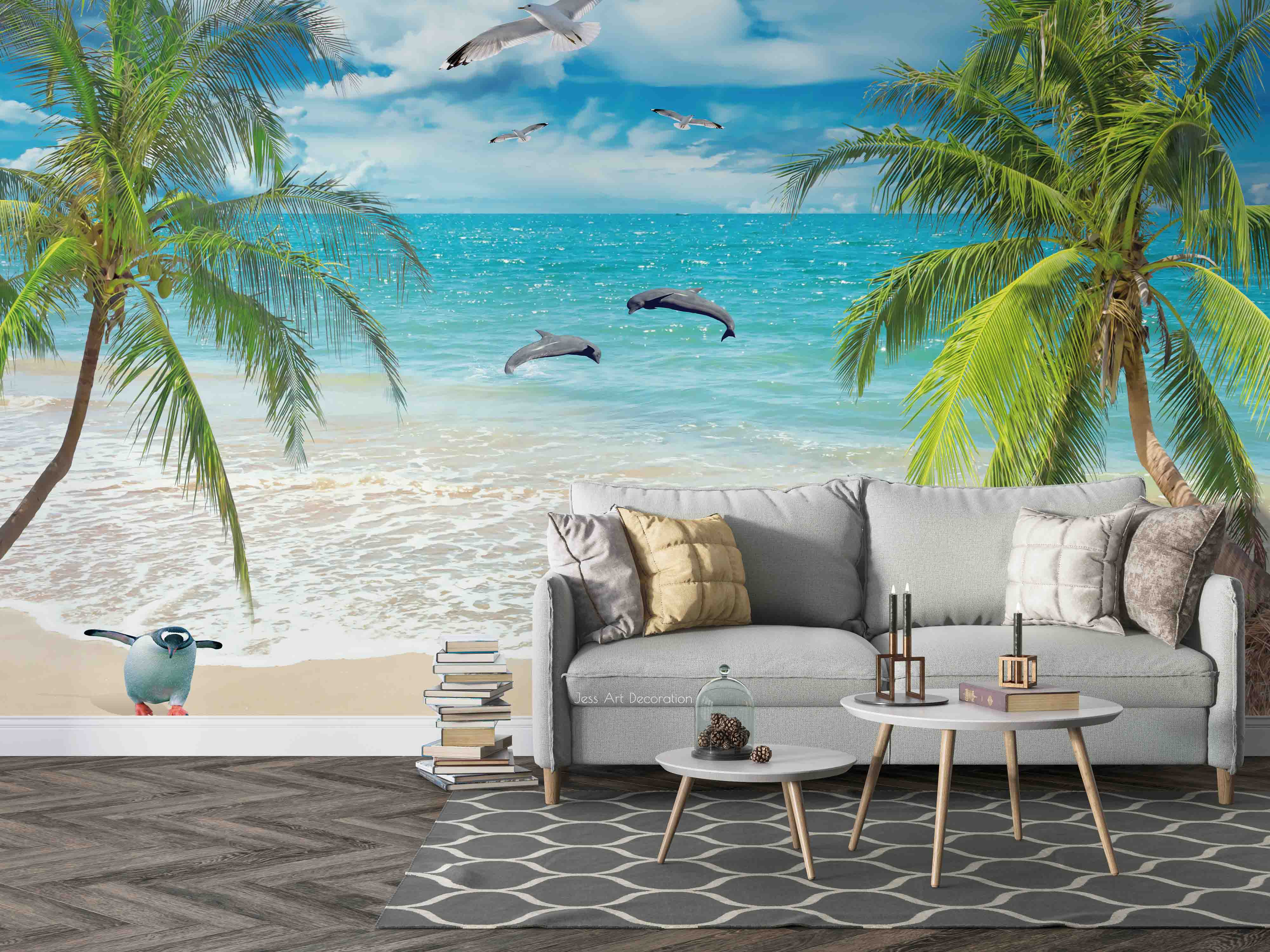 3D Ocean Beach Dolphin Seagull Coconut Tree Pattern Wall Mural Wallpaper Gd 3464