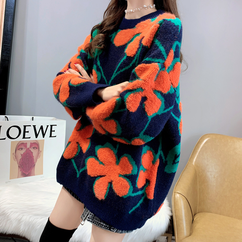 Vintage Women’s Pullover Sweaters 2021 Autumn Winter Tops Korean Loose Round Neck Women Knitted Sweater Flowers Jumper Female alx