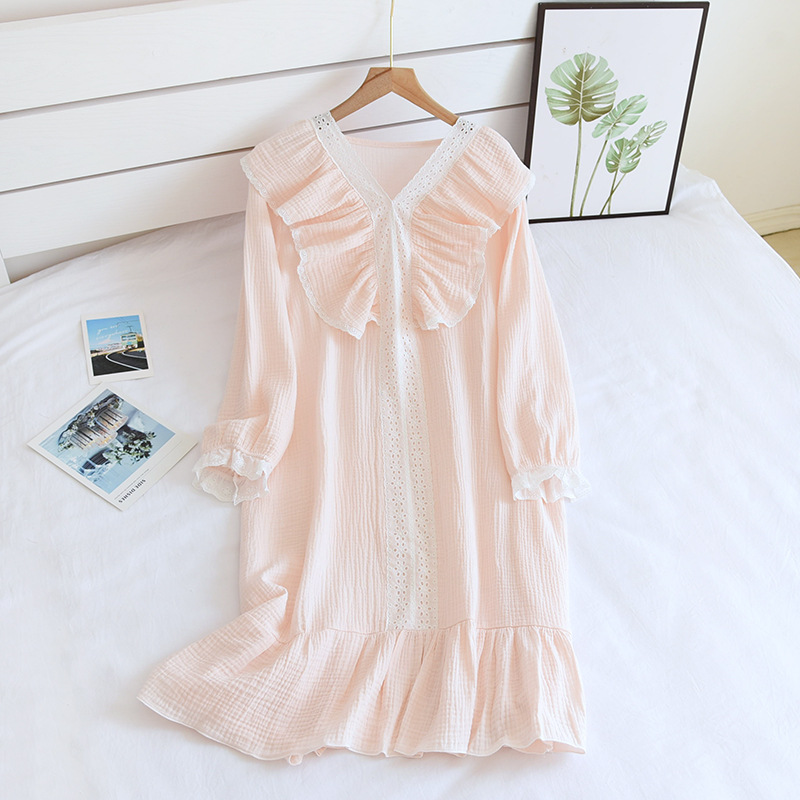 Summer Long Sleeve Princess Style Nightgowns Thin Cotton Gauze Crepe Sleeping Dress V-Neck Lace Sleepwear Solid Home Clothing alx