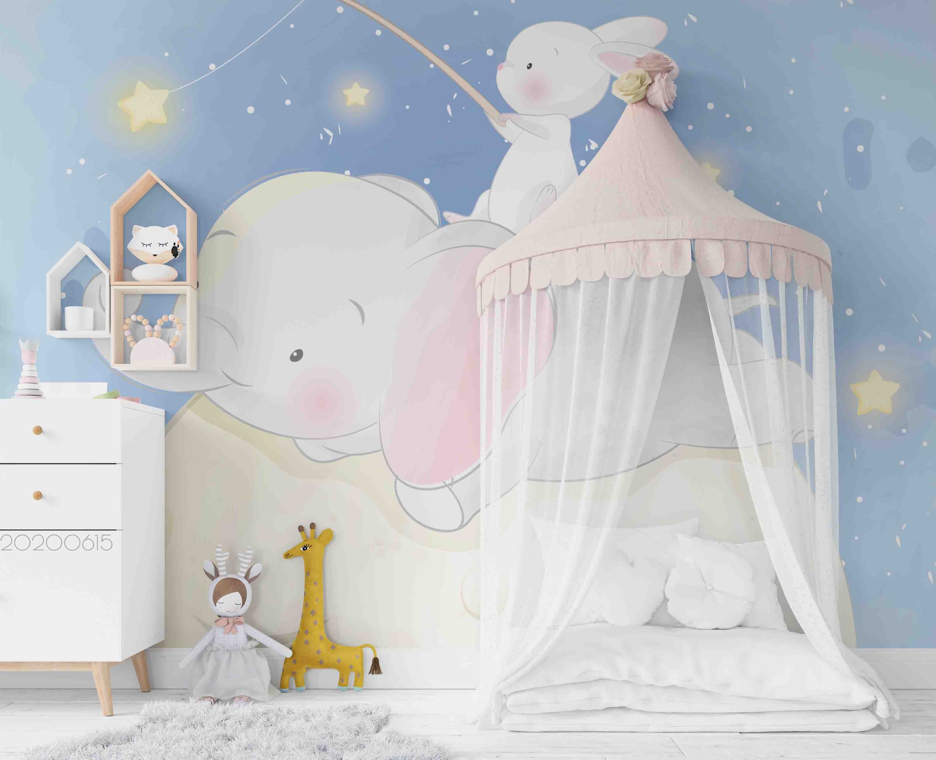 3D Cute Cartoon Elephant Moon Rabbit Wall Mural Wallpaper A023 Lqh