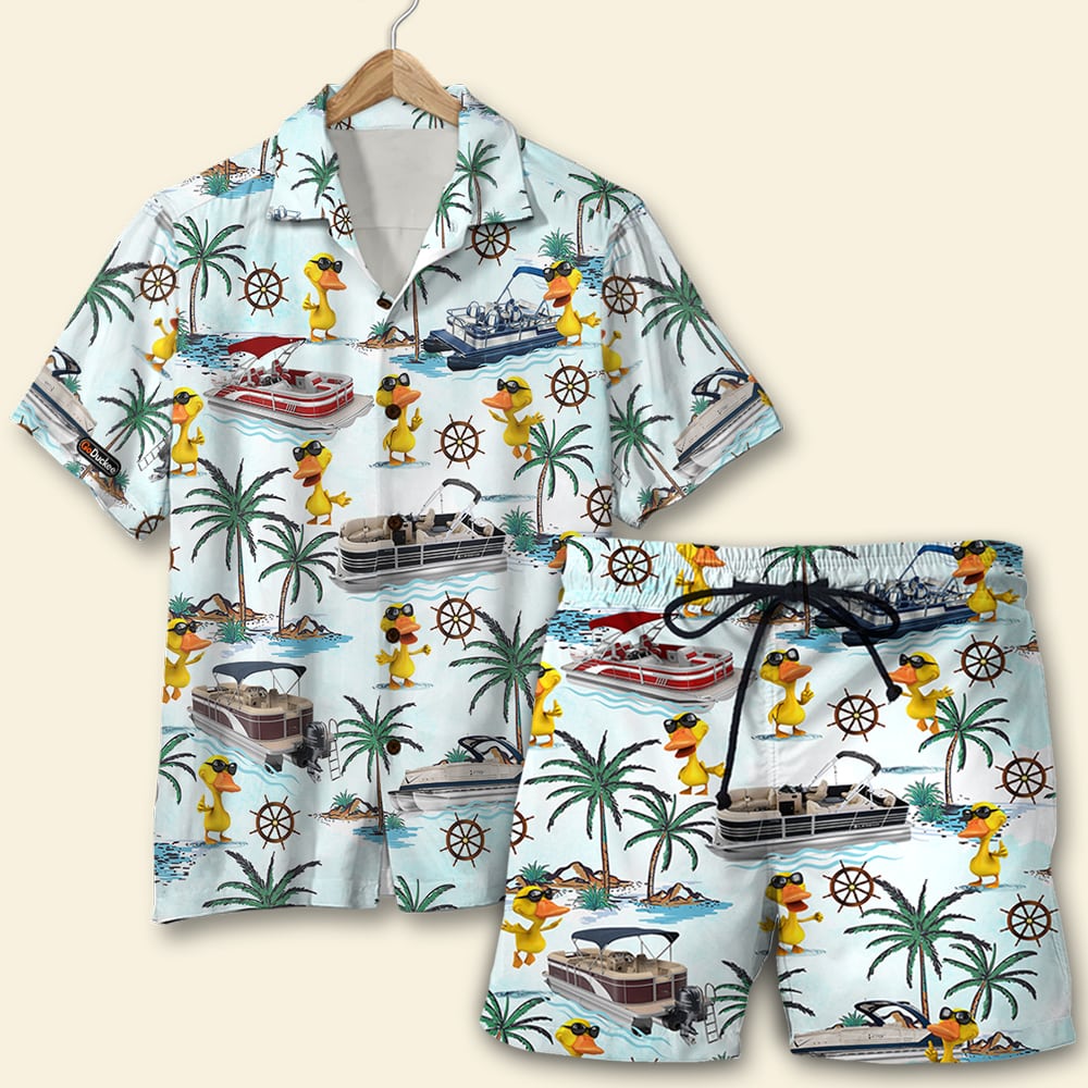 Pontoon Duck Hawaii Shirt Men Beach Shorts Palm Tree Pattern Ha95642