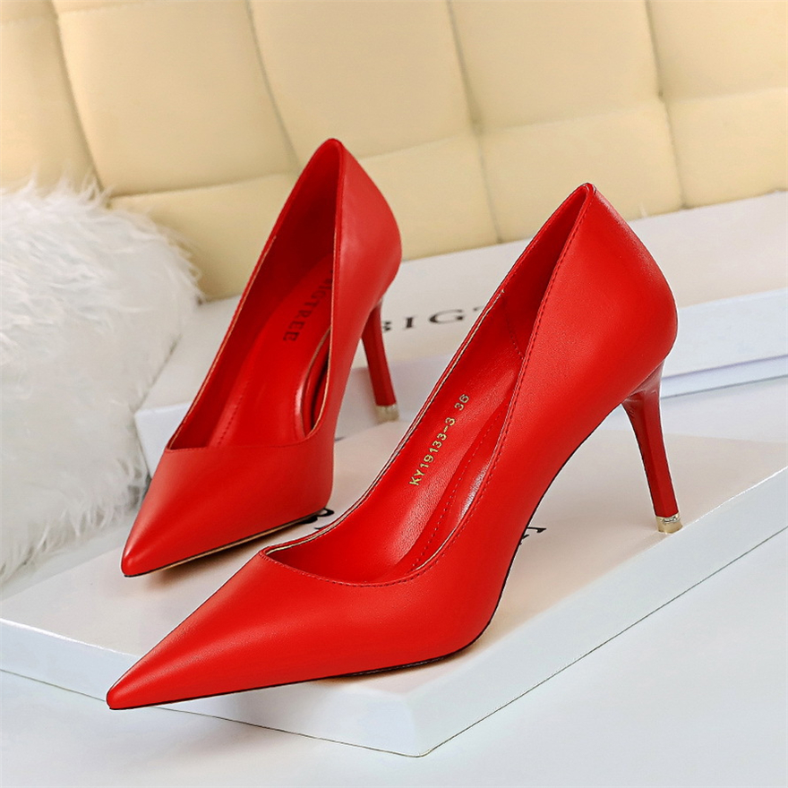 Soft Leather Concise High Heels 7.5/10.5cm Shoes Fashion Women Pumps Pointed Toe Slip On Candy Colors Office Woman Wedding Shoes alx