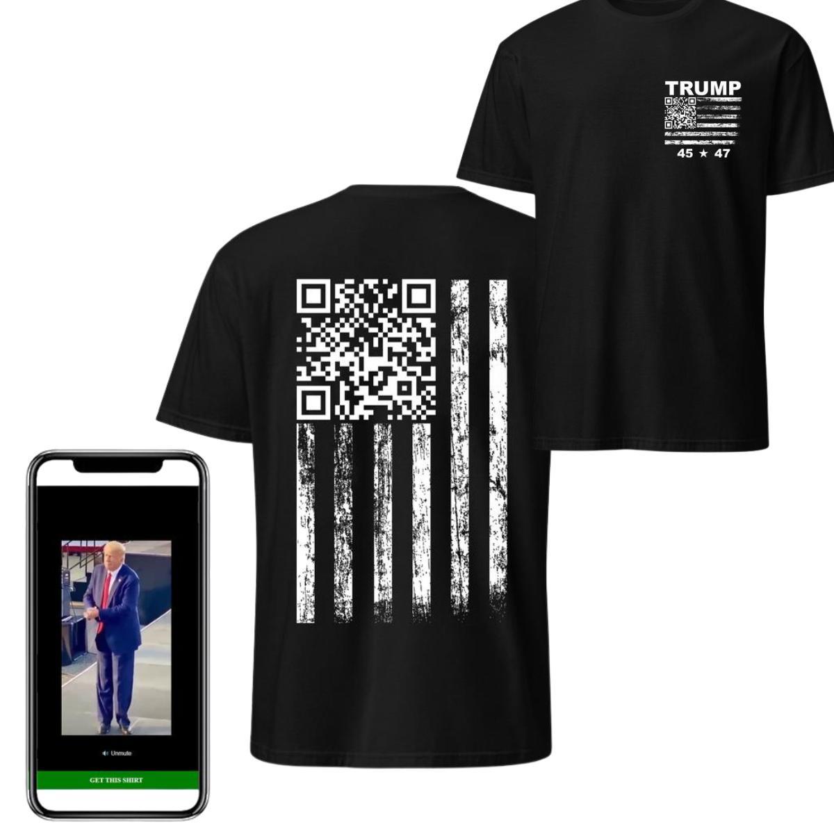 Trump QR Code T-Shirt, Dual-Sided Flag & Code Graphic, Interactive Patriotic Apparel, Bold Statement for Supporters