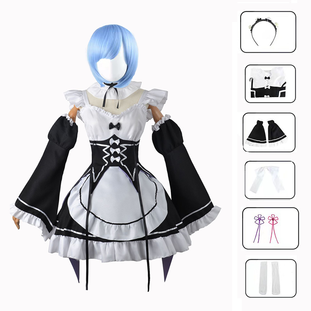 Anime Ram/Rem Cosplay Re:zero Kara Hajimeru Isekai Seikatsu black blue red Costume Maid Servant Dress Halloween alx