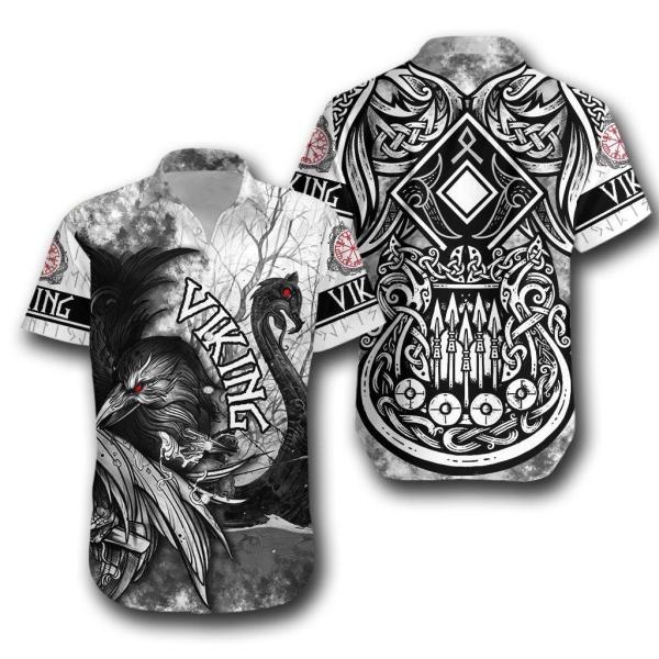 Viking Raven And Drakkar Viking Ship Vegvisir Hawaiian Shirt