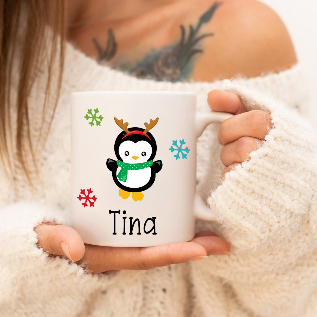 Christmas Gift Mug, Custom Name Funny Christmas Mug, Penguin Mug, Kids Christmas Accent Mugs