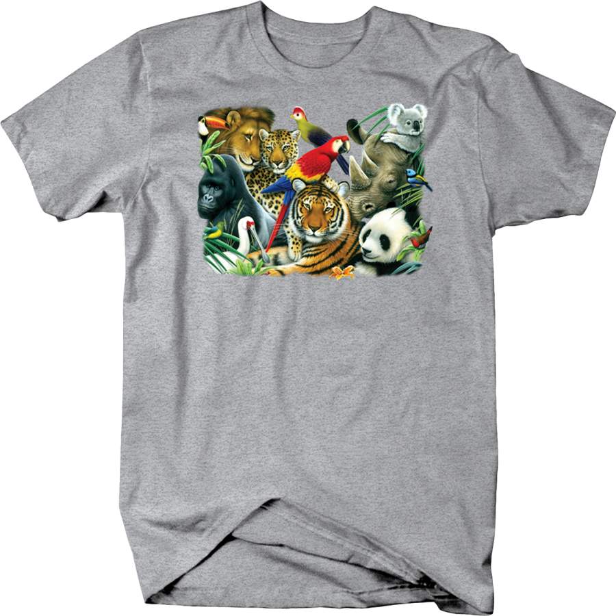 Tropical and Desert Animals Together Shirt Lions, Tigers, Gorilla, and Panda