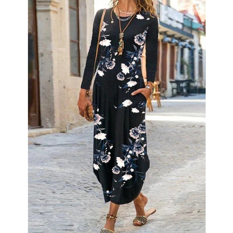 2021 New Floral Print Casual Dress Women Long Sleeve Autumn Midi Dress Fashion O-Neck Black Slim Long Dresses Femme Oversized alx