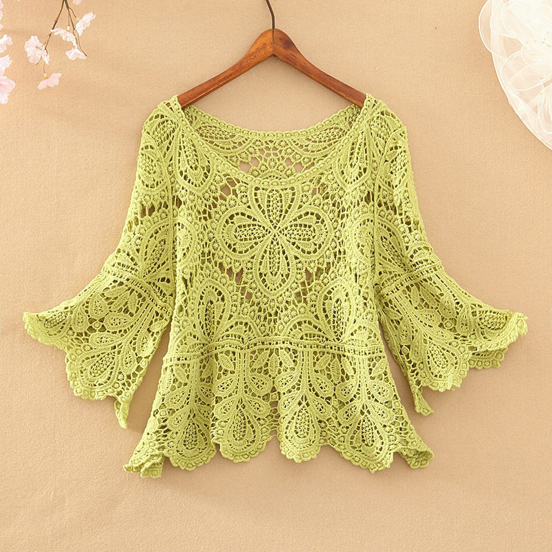 Summer Clothing 2022 Latest Women’s Round Neck Crocheted Cutout Blouse Short Large Size Lace Half Sleeve Loose Top for Women alx