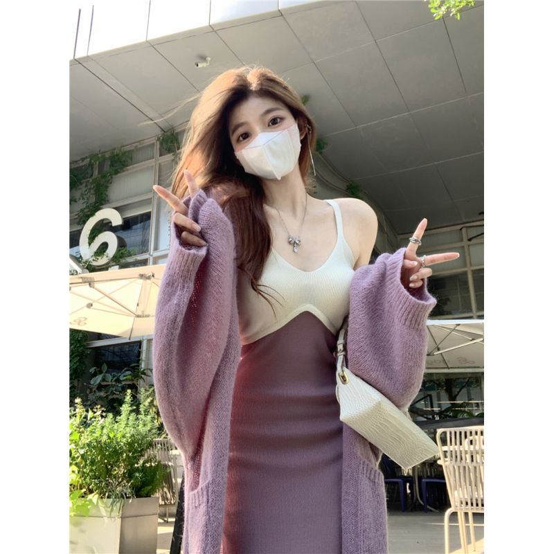 Women Dress Set Two Piece Set Female Fashion Cardigan Jacket and Elegant V-neck Dress Suit Femme Ladies Dresses Outfits G263 alx