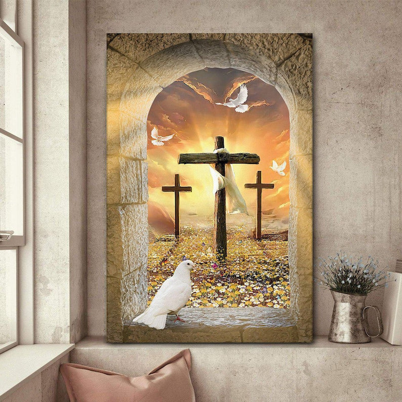 Beautiful Pigeon And Cross Canvas, God Canvas, Christian Canvas, Home Decor, Believe In God