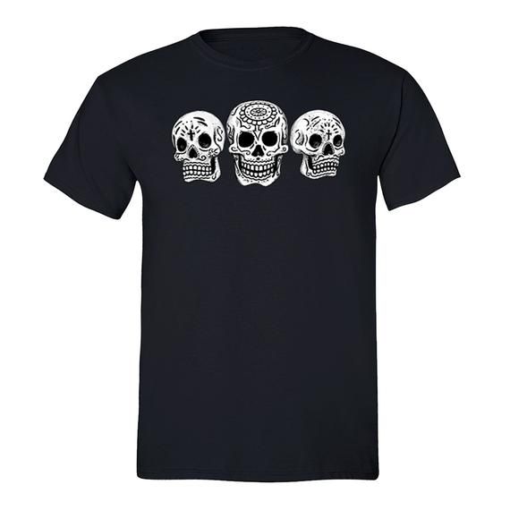 Xtrafly Apparel Men S 3 White Skulls Sugar Skull Day Of The Dead Dia De Los Muertos Mexican Heritage Halloween Gothic T Shirt Black