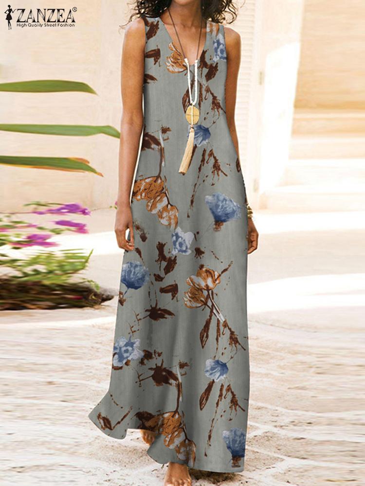 Summer Elegant Floral Printed Dress ZANZEA Women Bohemian Sleeveless Beach Long Sundress V Neck Holiday Vestidos Robes Femme alx