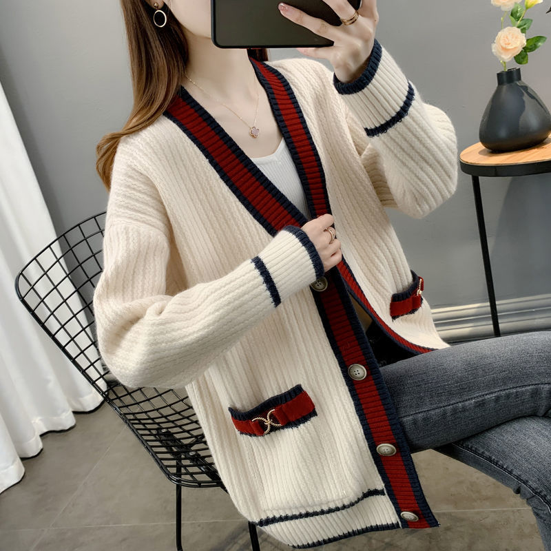 Autumn And Winter New Sweater Coat Spring Korean Loose Western Style Sweater Fashion Stitching Striped Pocket Cardigan Свитер alx