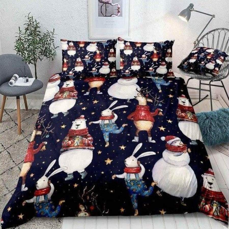 Christmas Bunny Bear Deer And Snowman 3 Pieces Quilted Comforter Set Christmas Gift Ideas