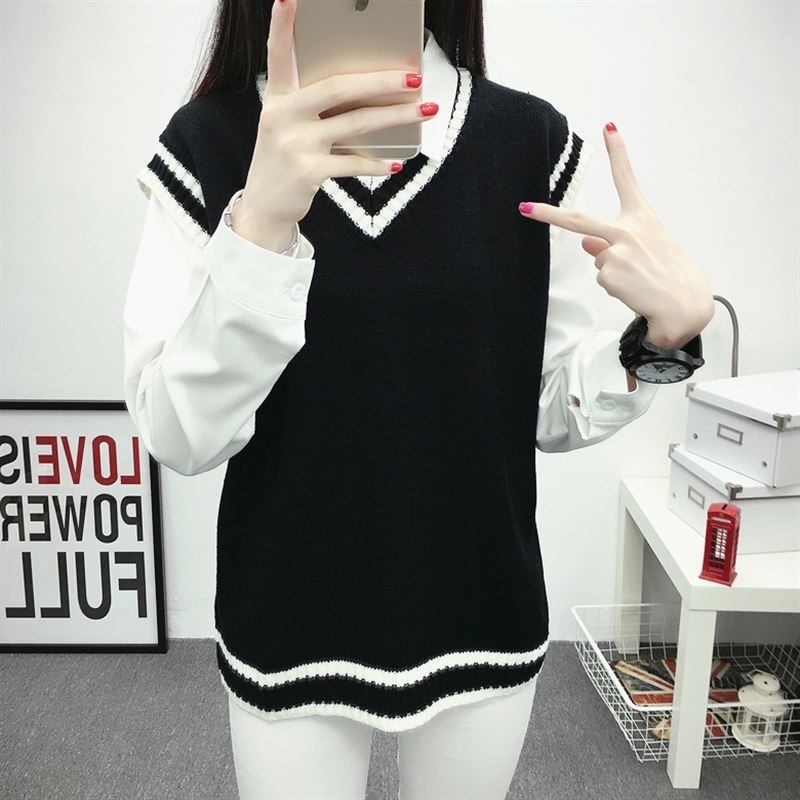 Women Sweater Vest Autumn Sweater plus Shirt Women’s Two-Piece Suit Shirt Knitted Vest Jacket Loose alx