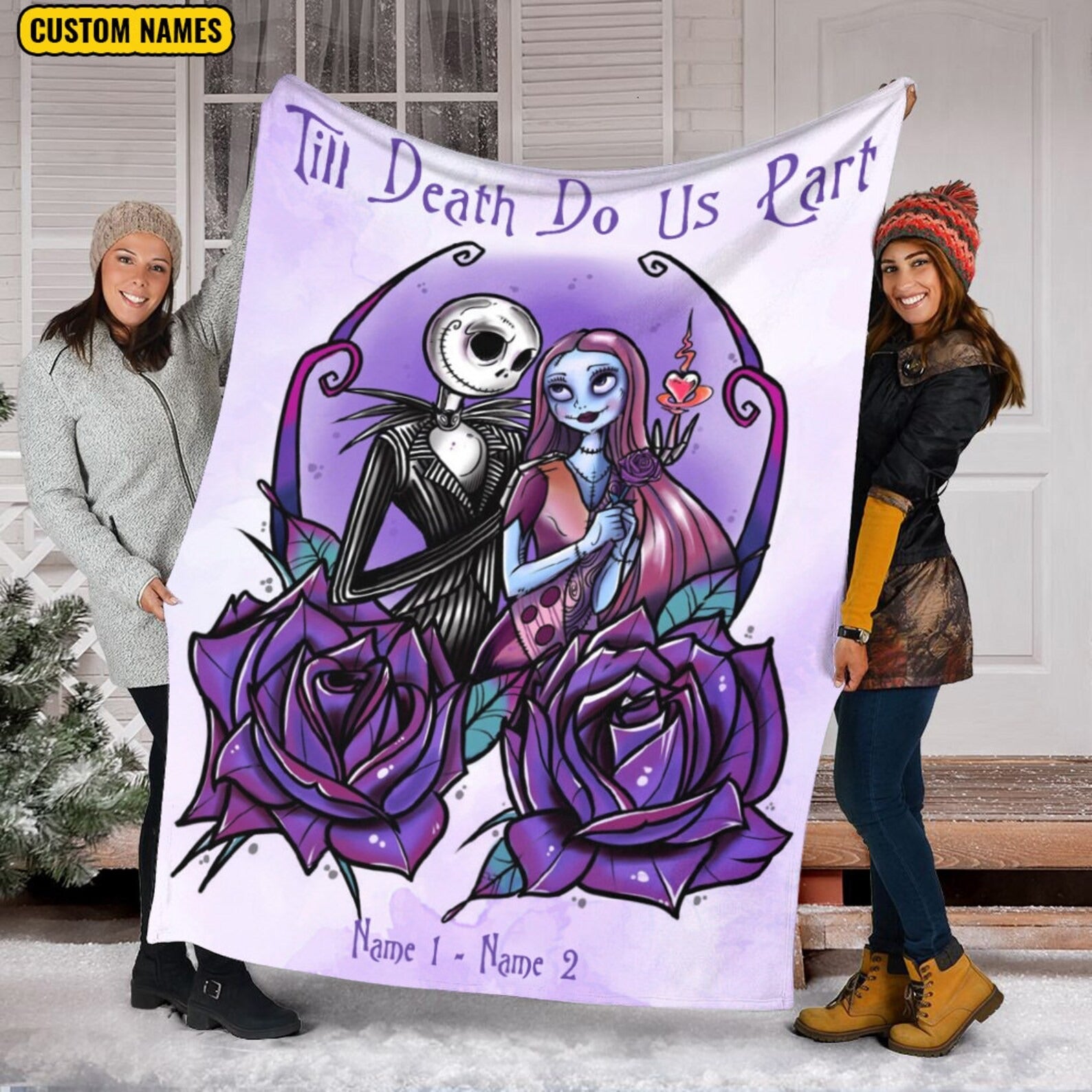 Personalized Jack Skellington And Sally Blanket, Custom Name Couple Blanket, Till Death Do Us Part, Nightmare Before Christmas Blanket, Halloween Blanket