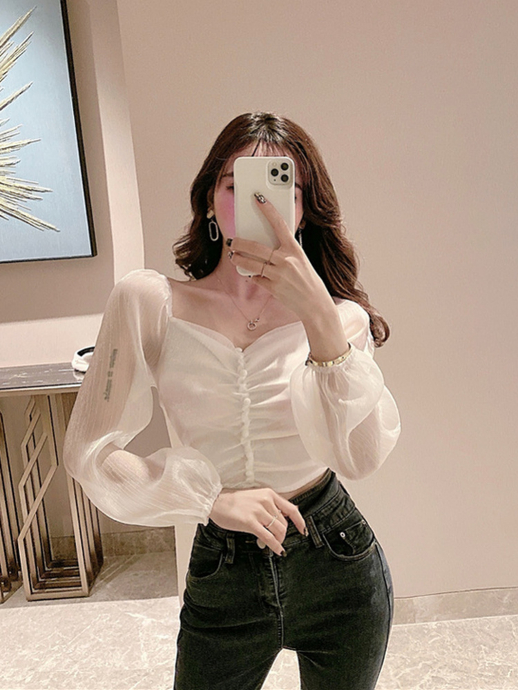 Women Square Collar Cropped Shirt Mesh Long Puff Sleeve Blouse Sexy Y2k Crop Tops 2022 Elegant Streetwear Feminine Casual Blusas alx