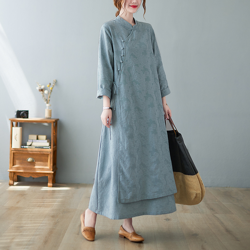 2022 New Arrival Cotton Jacquard Vintage Chinese Style Autumn Dress Long Sleeve Loose Fashion Women Casual Spring Midi Dress alx