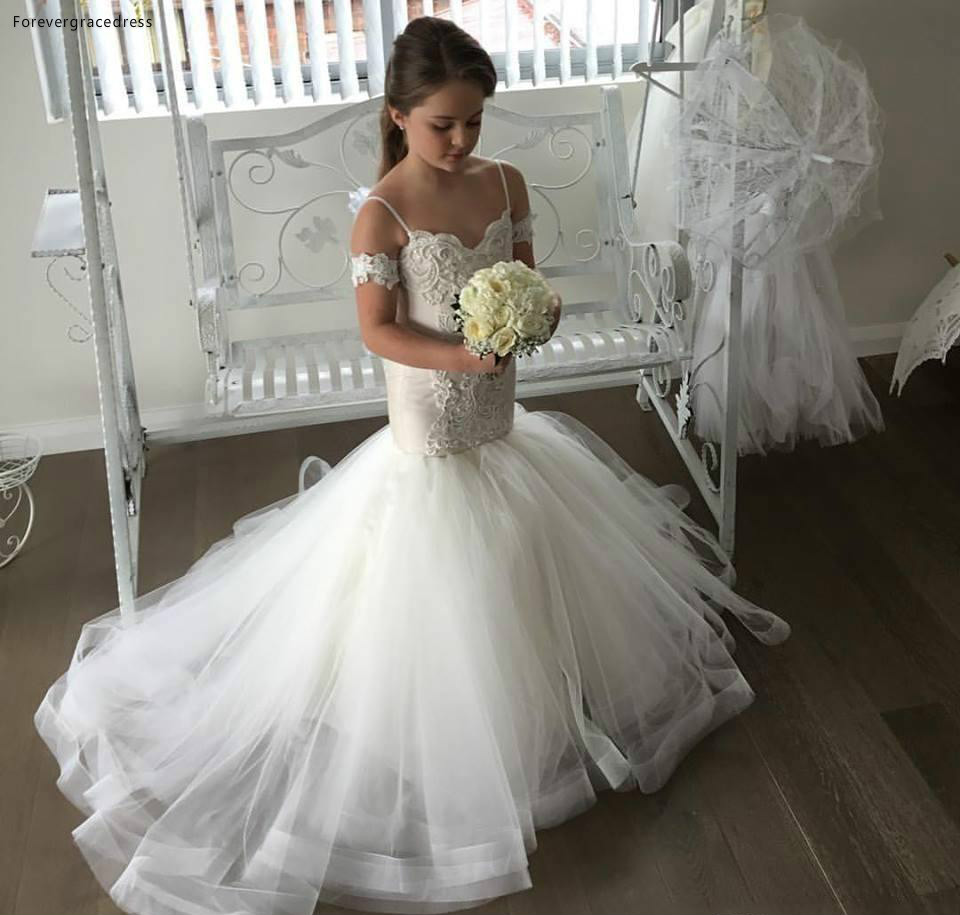 2019 Free Shipping Princess Cheap Lovely Mermaid Spagetti Strap Flower Girl Dresses Toddler Long Pretty Kids First Holy Gowns alx