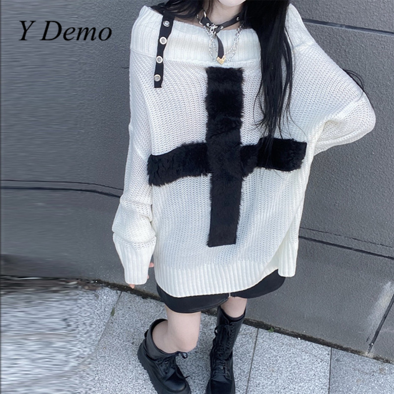 Y Demo Punk Gothic Cross Knitted Long Sleeve O-neck Women’s Sweater Loose Slash Neck Long Knitting Dress alx