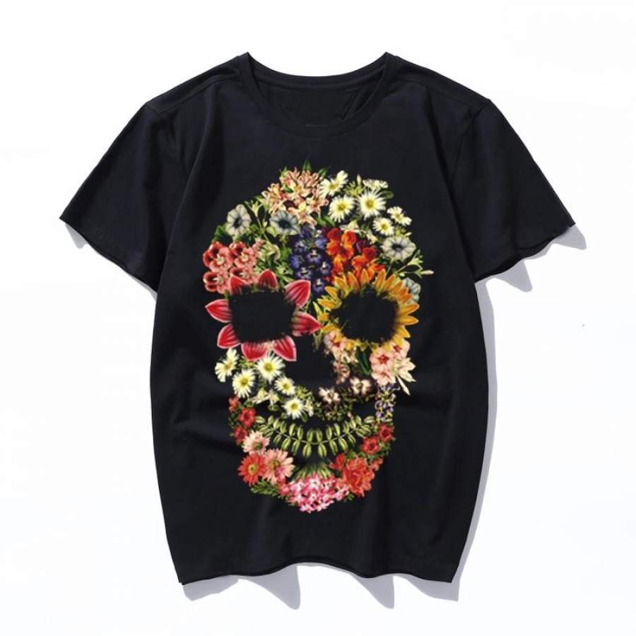 floral skull vintage black T-Shirt men Hip Hop folk rock tshirt women cotton punk Graphic tshirt summer top tee shirt homme camisetas