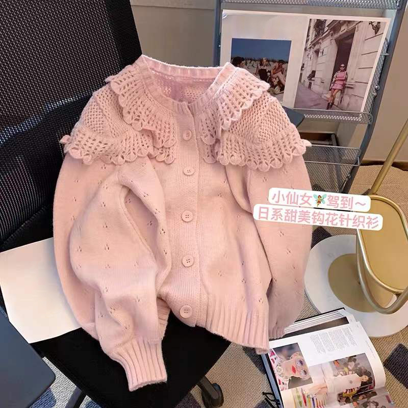 Circyy Pink Cardigan Women Hollow Out Peter Pan Collar Sweater Korean Fashion Single Breasted Knitted Autumn Winter Sweet Coat alx