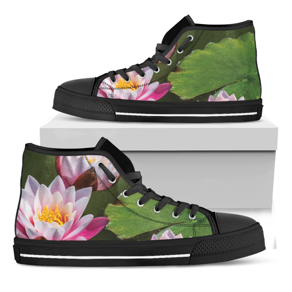 Pink Water Lilies Print Black High Top Shoes