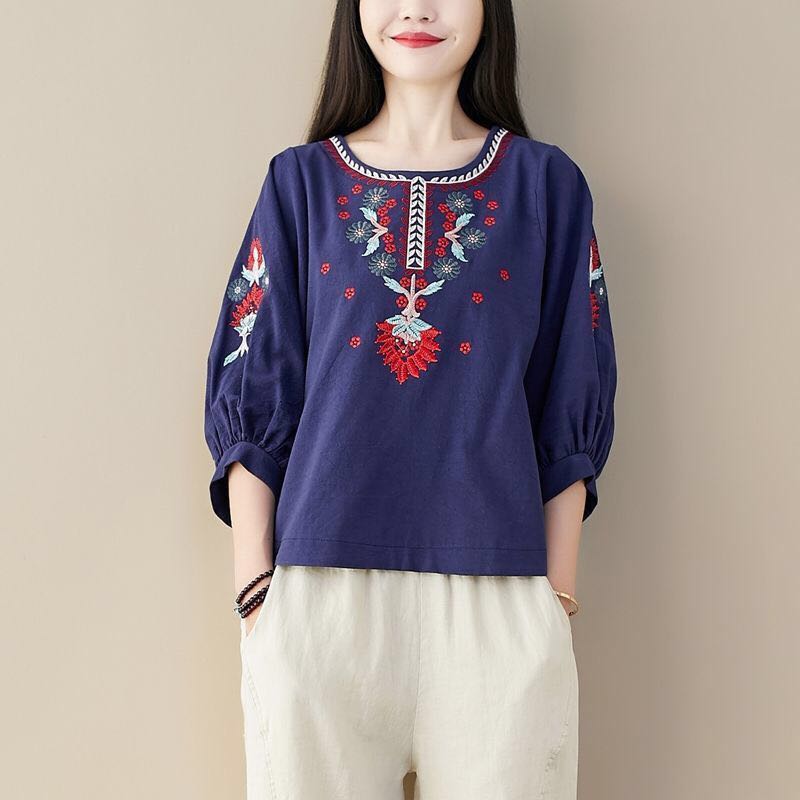 Women Cotton Linen Floral Embroider Blouses Boho Ethnic Lantern Sleeve Shirts Vintage Retro Hippie Casual Tops Summer Blusa alx