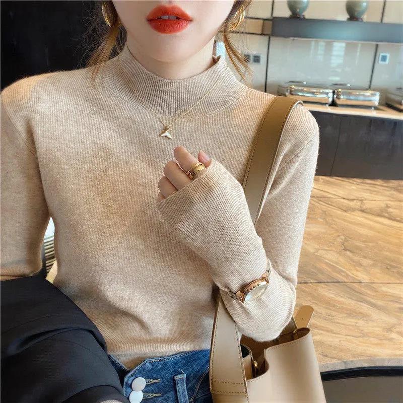 Sweater Women Korean Version Pullover Pure Color Half Turtleneck Slim Top Knitwear Trending Sweater Autumn and Winter Top alx